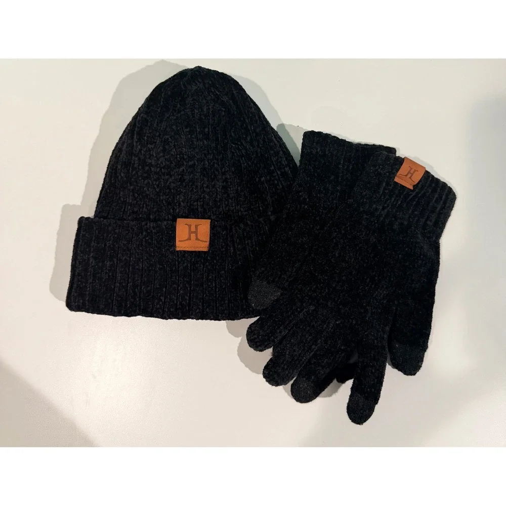 Black Chenille Knit Beanie and Touchscreen Glove Set with Logo Patch